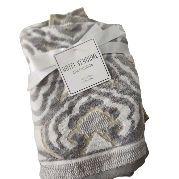 Hotel Vendome 2 Hand Towels Gray White  Kahki Gold Velour - Picture 1 of 2